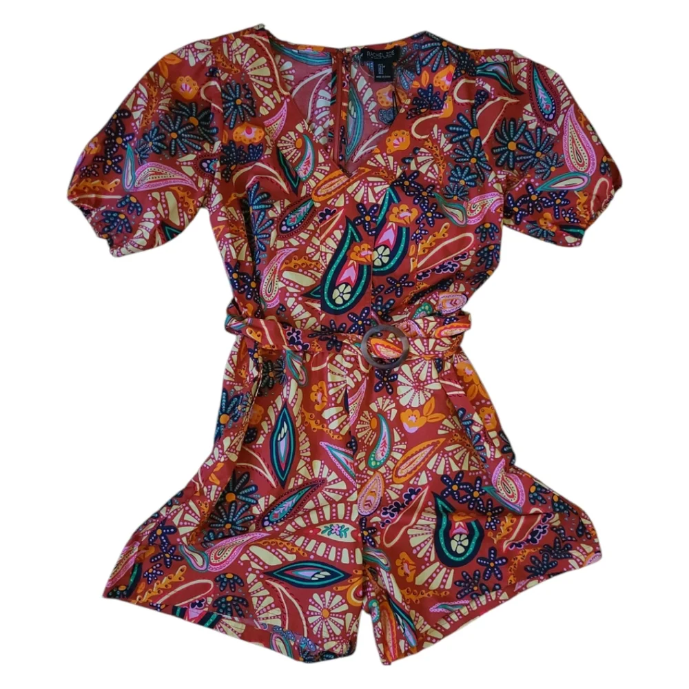 Rachel Zoe Cotton‎ Paisley Shorts Romper Puff Sleeve Tropical Cruise Resort NWOT